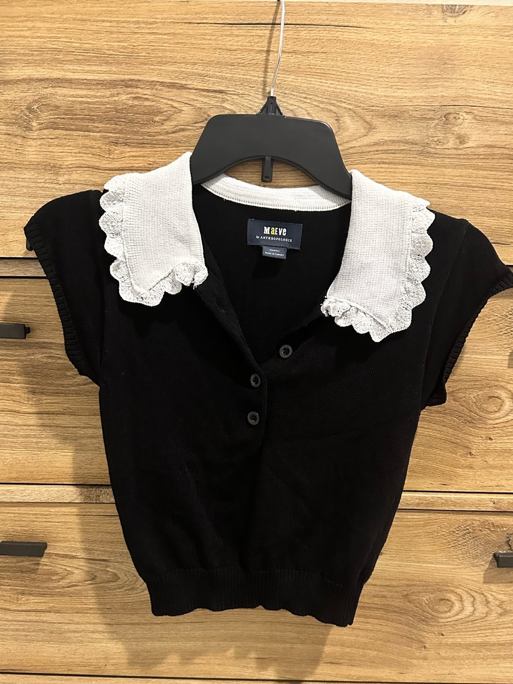Maeve Anthropologie Black Knit Top with White Scalloped Collar